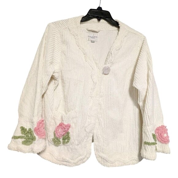 House of Chenille Cardigan Cozy Floral Embroidered Art To Wear Bed Jacket Size L - Picture 1 of 6
